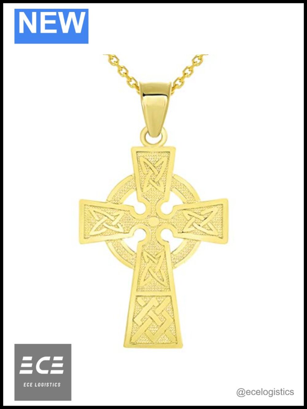 Solid 14k Yellow Gold Trinity Knot Celtic Cross Pendant Necklace